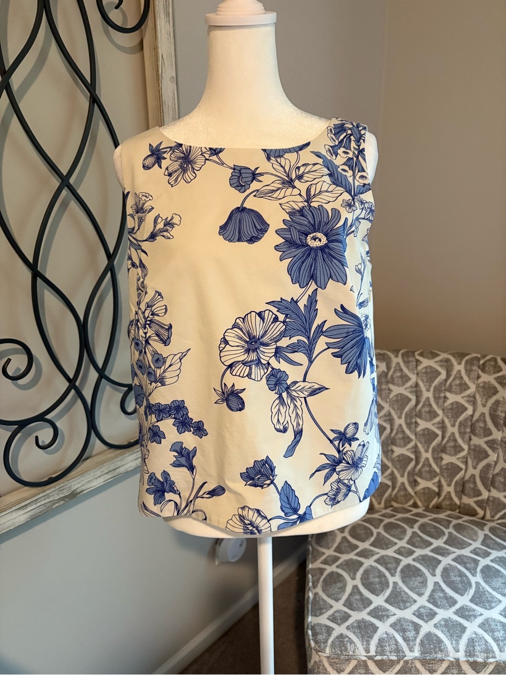 Talbots Cream Sleeveless Top with Blue Floral Print